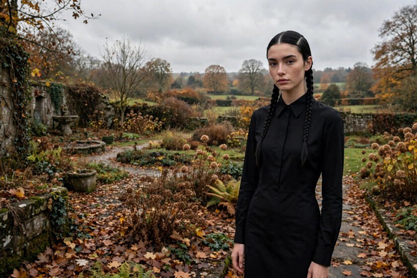 Woman with a Wednesday Addams braids hairstyle, two sleek dark pigtail braids with a sharp center part