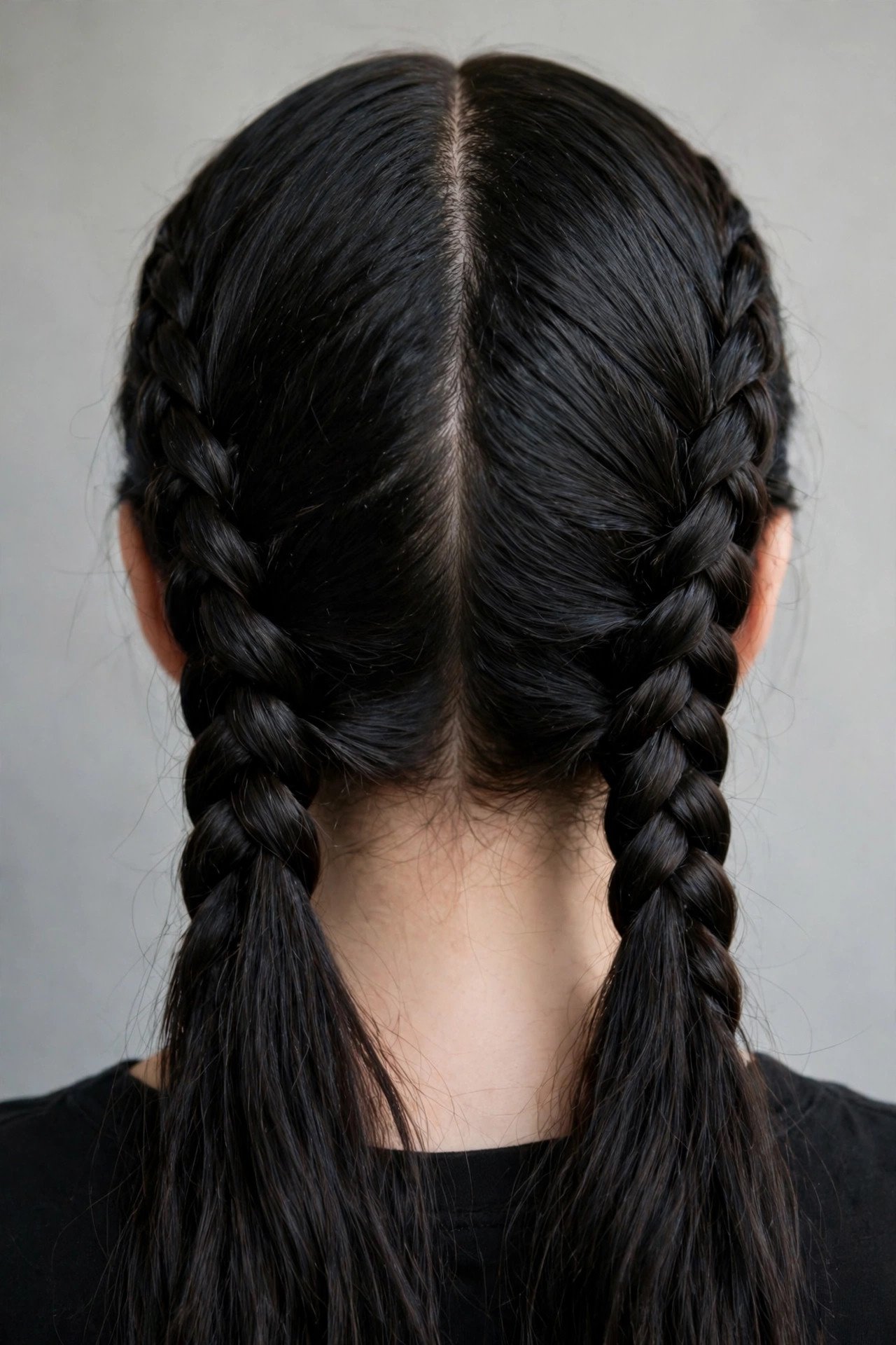 Back view of tight Wednesday Addams braids on long dark hair, an easy Halloween hairstyle idea for women