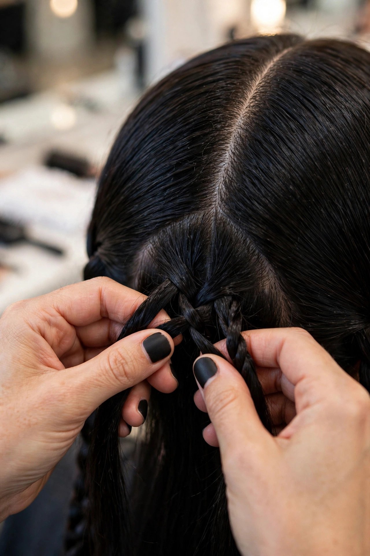 Close-up of the Wednesday Addams hairstyle braiding technique with sleek center-parted dark hair in a salon