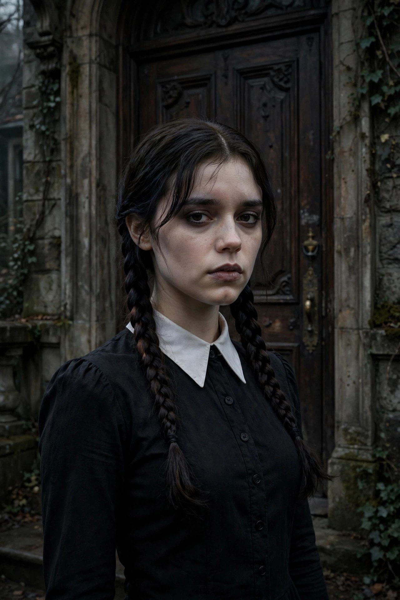 Woman in a Wednesday Addams costume with braided pigtails, black dress, and a gothic collar at Halloween