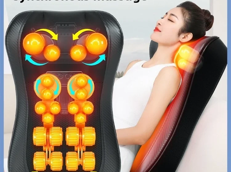 best neck massager with heat — woman relaxing with shiatsu neck massage pillow self care