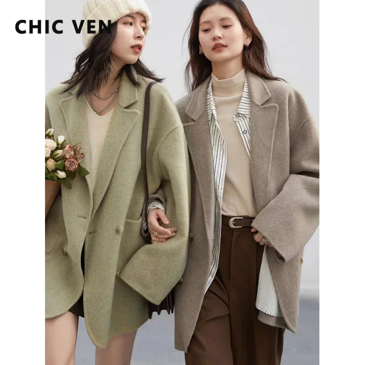 CHIC VEN women's double-sided woolen coat with belt - long wool coat
