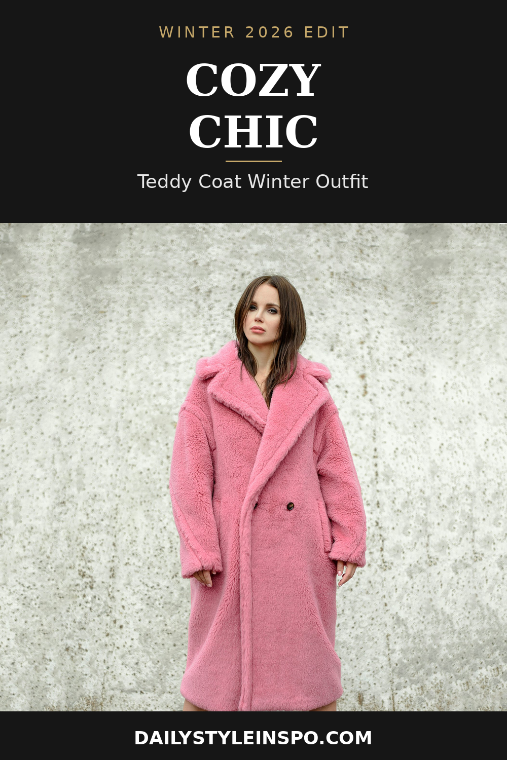 Cozy chic winter outfit with long wool teddy coat