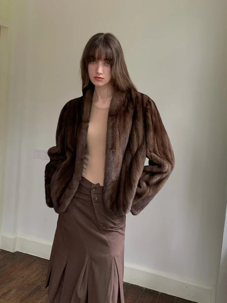 short brown faux mink fur coat with stand collar — cozy winter coat outfits for women