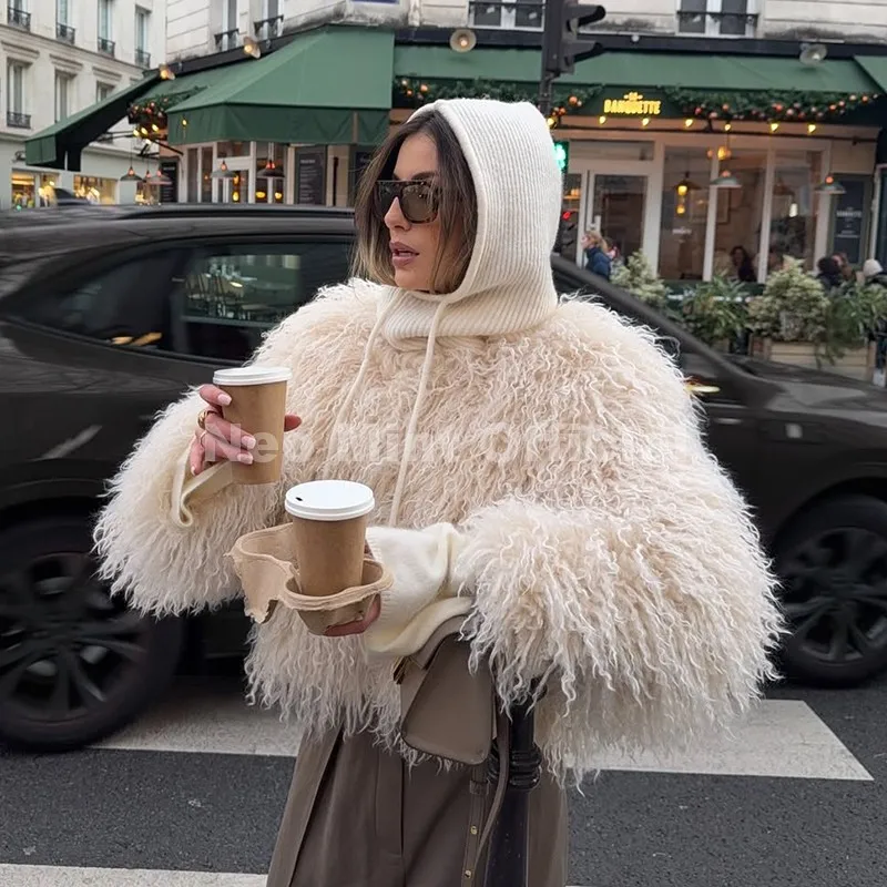 round neck faux Mongolia sheep fur coat — fluffy mob wife aesthetic coat
