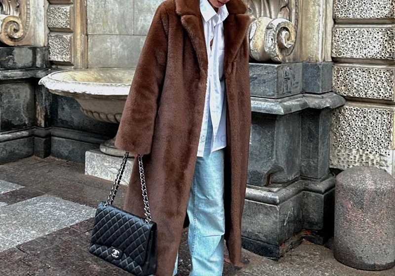 faux fur coat outfits for women — long white faux mink fur coat with crystal hooks