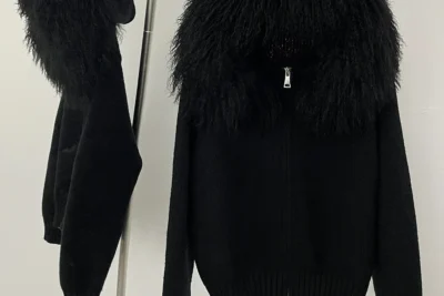 fur hooded cardigan — woman wearing a black fur hooded cardigan, cozy fall outfit
