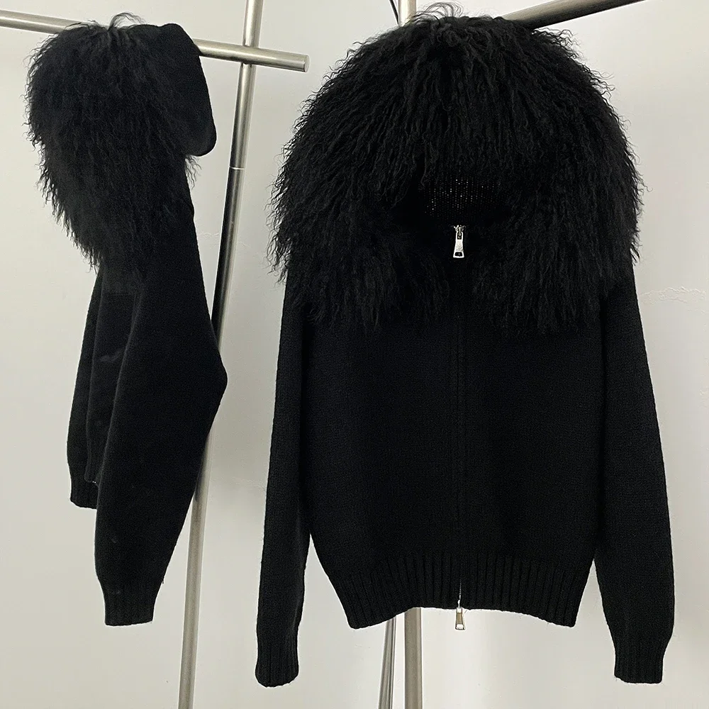 fur hooded cardigan — woman wearing a black fur hooded cardigan, cozy fall outfit